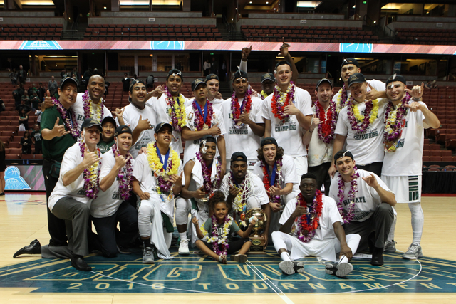 The University of Hawaii men's basketball team defeats Long Beach State and captures the championship of the 2016 Big West Tournament at the Honda Center, Anaheim, CA on March 12, 2016. Photo: Brandon Flores.