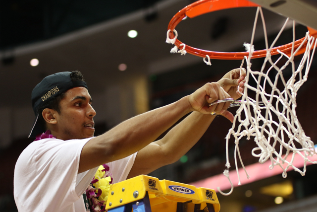 The University of Hawaii men's basketball team defeats Long Beach State and captures the championship of the 2016 Big West Tournament at the Honda Center, Anaheim, CA on March 12, 2016. Photo: Brandon Flores.