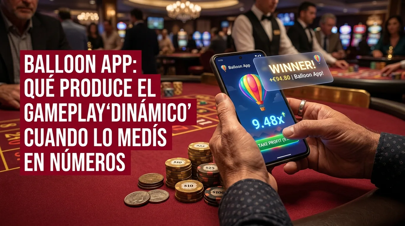 Manos de jugador con teléfono mostrando juego 'Balloon App' en mesa de casino.